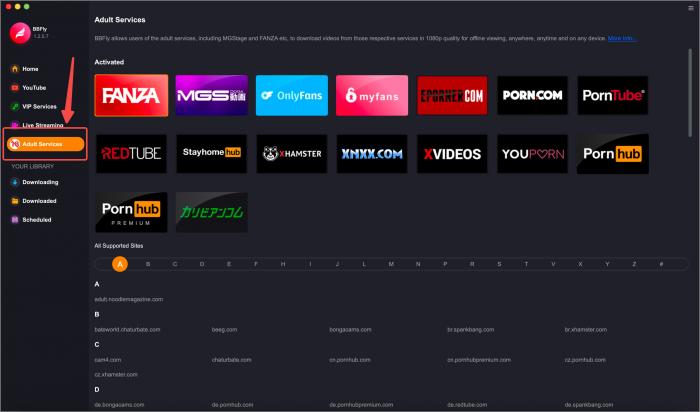 BBFly FANZAダウンローダーサービスの選択画面に、サポートされているプラットフォームの下にFANZAが表示されています。