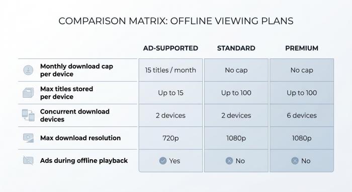Netflix plans compared on download caps, stored titles, concurrent devices, resolution, and offline