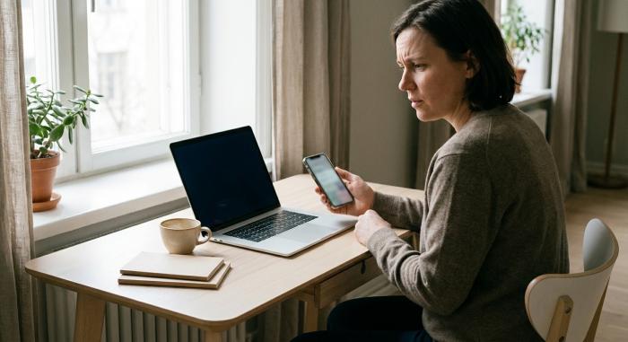 Person checking laptop and smartphone, searching for missing Netflix download feature