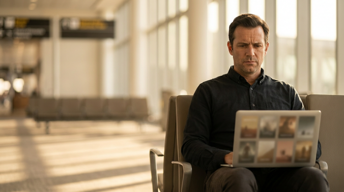 Man at airport gate viewing Netflix download options on laptop with focused expression