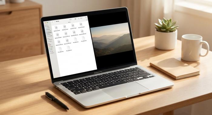 MacBook auf einem Home-Office-Schreibtisch, der ein Finder-Fenster mit einem Filme-Ordner anzeigt, der heruntergeladene Videodateien enthält, neben einem geöffneten generischen Videoplayer, bereit zur Offline-Wiedergabe.