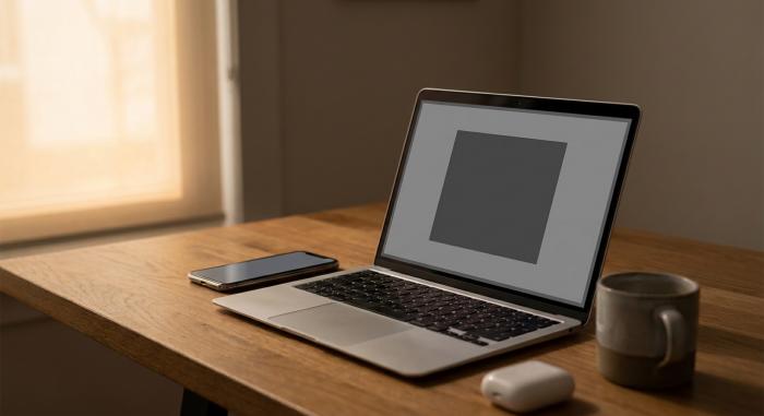 Una laptop y un teléfono inteligente sobre un escritorio de madera en luz de la tarde, ambos mostrando un rectángulo negro sólido donde normalmente aparecería un fotograma de video en pausa.