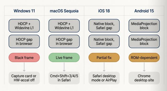 Diagrama de flujo con cuatro columnas de dispositivos — Windows 11, macOS Sequoia, iOS 18, Android 15 — cada una mostrando qué capa de DRM impone un marco negro y qué solución alternativa se aplica.