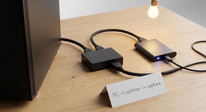 Fotografía a nivel de escritorio que muestra una PC de escritorio, una pequeña caja negra de divisor HDMI y una tarjeta de captura USB externa conectadas en serie con cables HDMI.