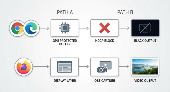 HDCP protection mechanism blocking screen recording in Chrome and Edge compared to Firefox software rendering