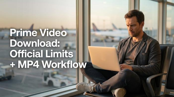 Man working on laptop at airport gate with aircraft visible through windows
