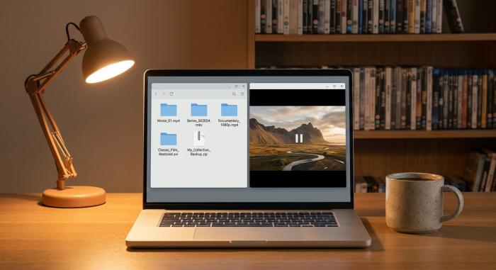 Home desk with laptop showing MP4 and MKV video files in file manager and media player