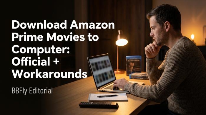 Man in his late 30s at a laptop in a cozy home office, focused on a blurred generic video library grid on screen.
