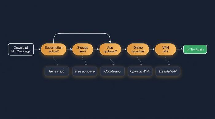 Troubleshooting flowchart for Prime Video download issues: subscription, storage, app updates