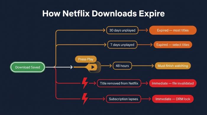 Timeline of Netflix download expiration: most titles expire after 30 days unused, select titles
