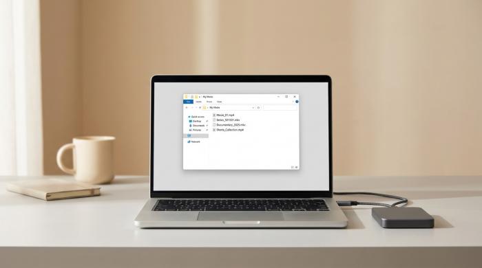 Home office desk with laptop showing local video file library (MP4, MKV files) and connected