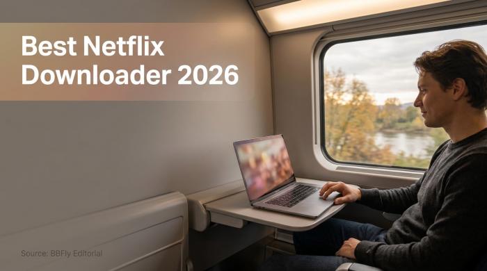 Person in an airplane cabin with a laptop showing a paused video, watching Netflix offline without Wi-Fi.