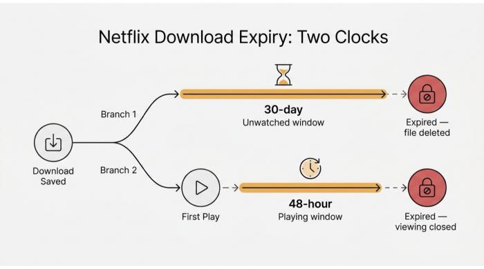 タイムライン図：Netflixのダウンロード有効期限は、未視聴の場合30日、初回再生後48時間。