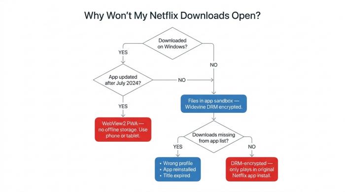 Diagramma diagnostico per i problemi di download di Netflix: diramazione tra Windows e altre piattaforme, quindi crittografia DRM rispetto a problemi di scadenza o dell'elenco delle app come cause principali.