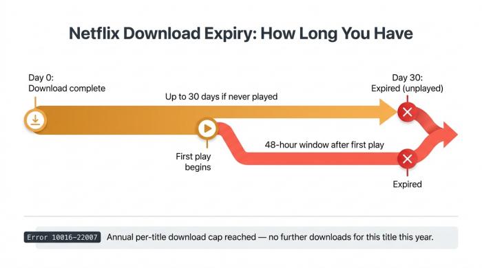 Cronologia che mostra le regole di scadenza per i download di Netflix: 30 giorni se mai riprodotto, 48 ore dopo la prima riproduzione, con codice di errore 10016-22007 per il limite annuale di download.