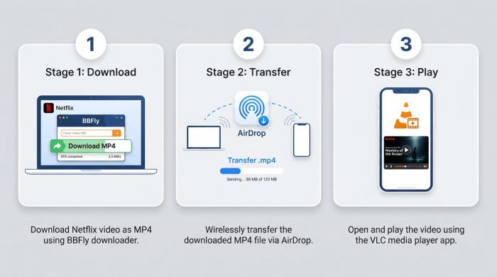Ilustração passo a passo mostrando três estágios lado a lado: (1) um laptop executando BBFly com uma barra de progresso rotulada 'Baixar MP4', (2) um ícone de AirDrop/cabo USB conectando o laptop ao iPhone, (3) um iPhone exibindo o vídeo sendo reproduzido no VLC. Ícones planos e limpos, numerados de 1 a 3, fundo claro, rótulos concisos abaixo de cada estágio.