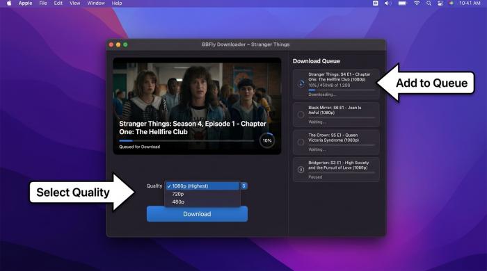 Captura de tela do BBFly Netflix Downloader no macOS Sequoia, mostrando a tela de seleção de título com um episódio da Netflix na fila, o menu suspenso de qualidade definido para 1080p e o painel de fila de downloads visível à direita; anotado com dois rótulos de destaque apontando para 'Selecionar Qualidade' e 'Adicionar à Fila'. Chrome da janela do macOS visível, em resolução retina.